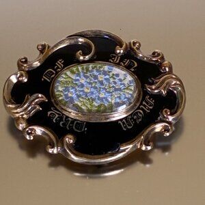 Loving Memory 1851 14K Gold Blue Enameled Brooch with Micro-embroidered flowers